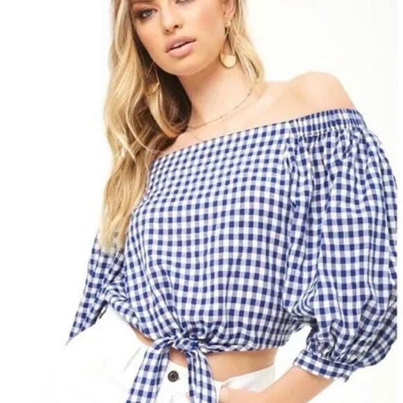 EUC Forever 21 Blue Gingham Off Shoulder Top Small - Picture 1 of 3